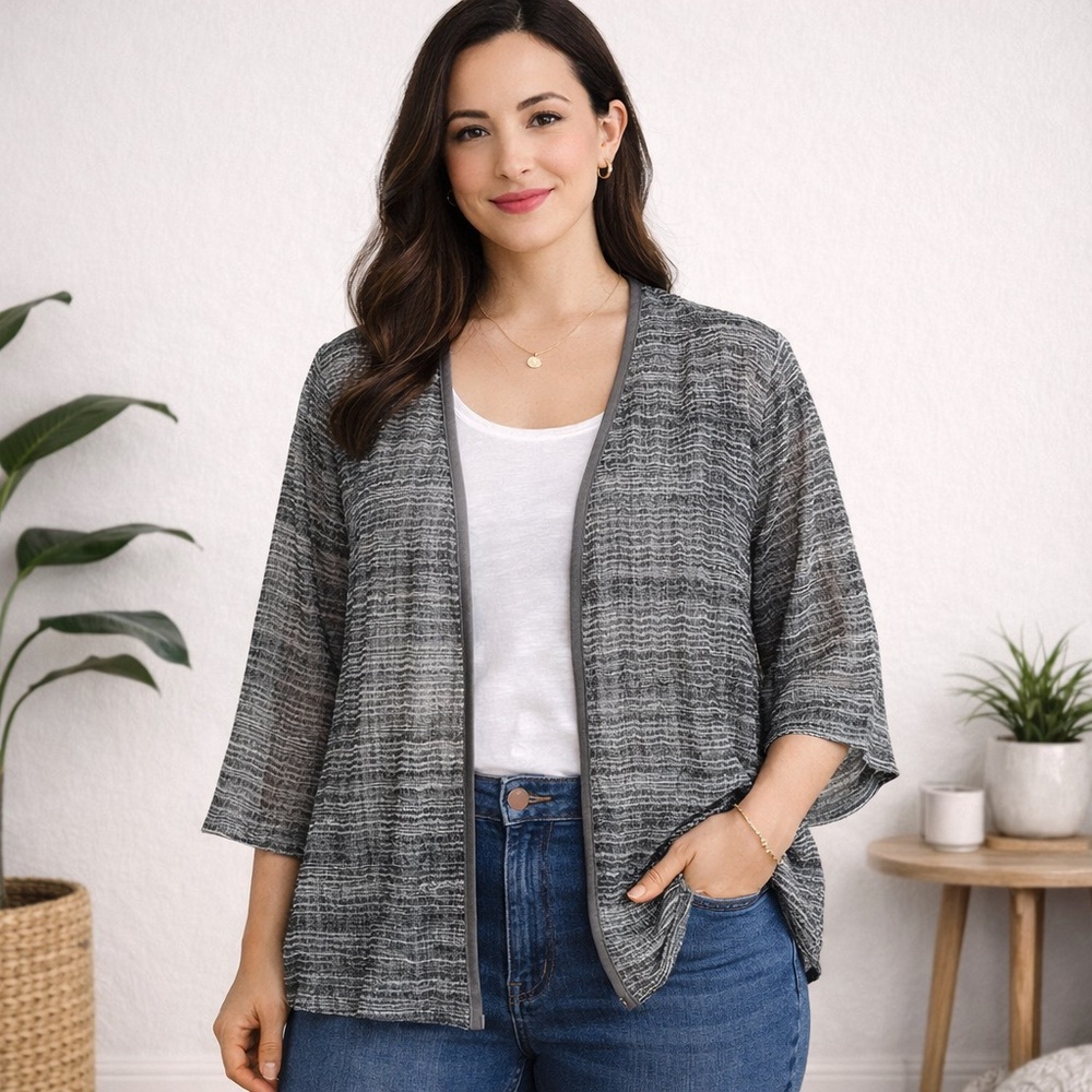 Eileen Fisher Petite Medium Sheer Linen Silk Open Cardigan Black Gry Lightweight